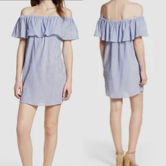 Bishop + Young Blue And White Striped Off-Shoulder Shift Dress Size M - Picture 8 of 8